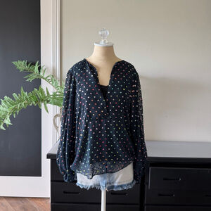 Uterque Navy Blue Polka Dot Tulle Blouse Size M Metallic Sheer Sleeve V Neck